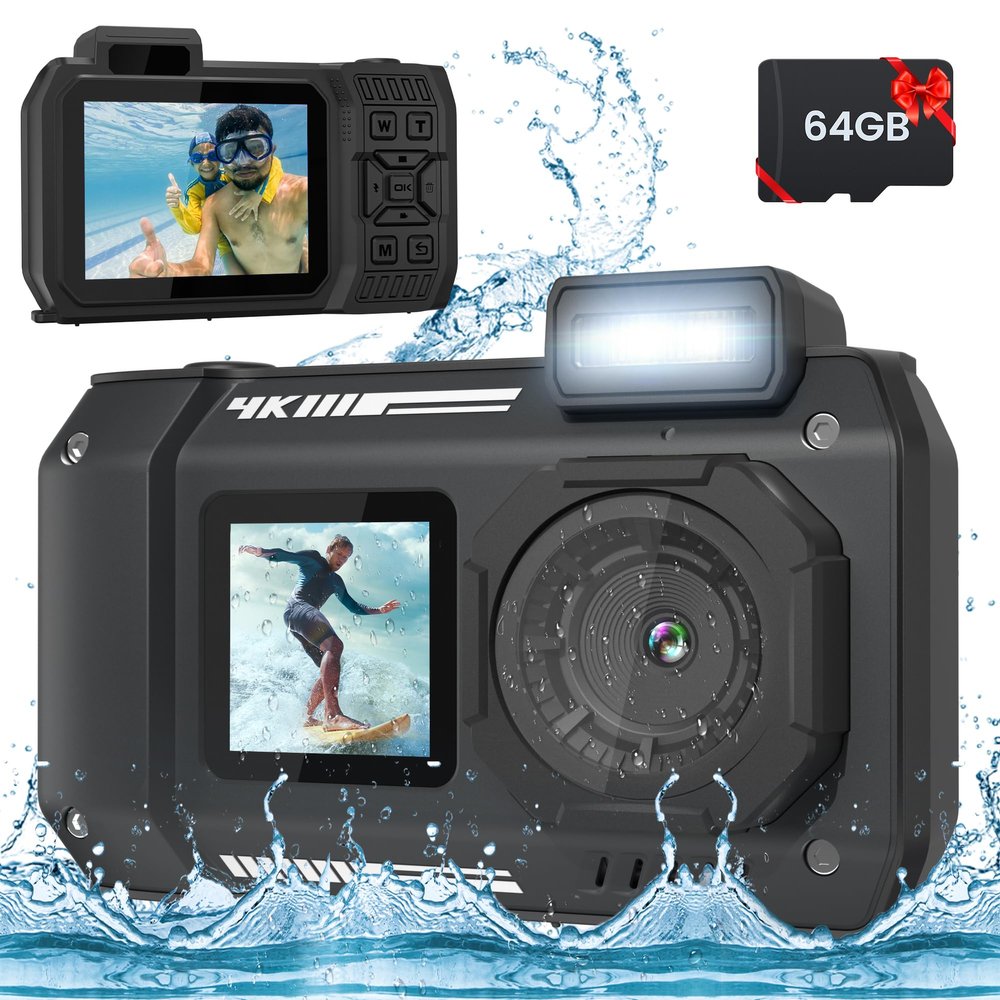 33FT 4K Underwater Camera, 48MP Waterproof Camera with 64G Card Rugged Dustproof Shockproof for Snorkeling, Autofocus Selfie Digital Camera for Diving, Dual-Screen Underwater Photograph Camera (Black)