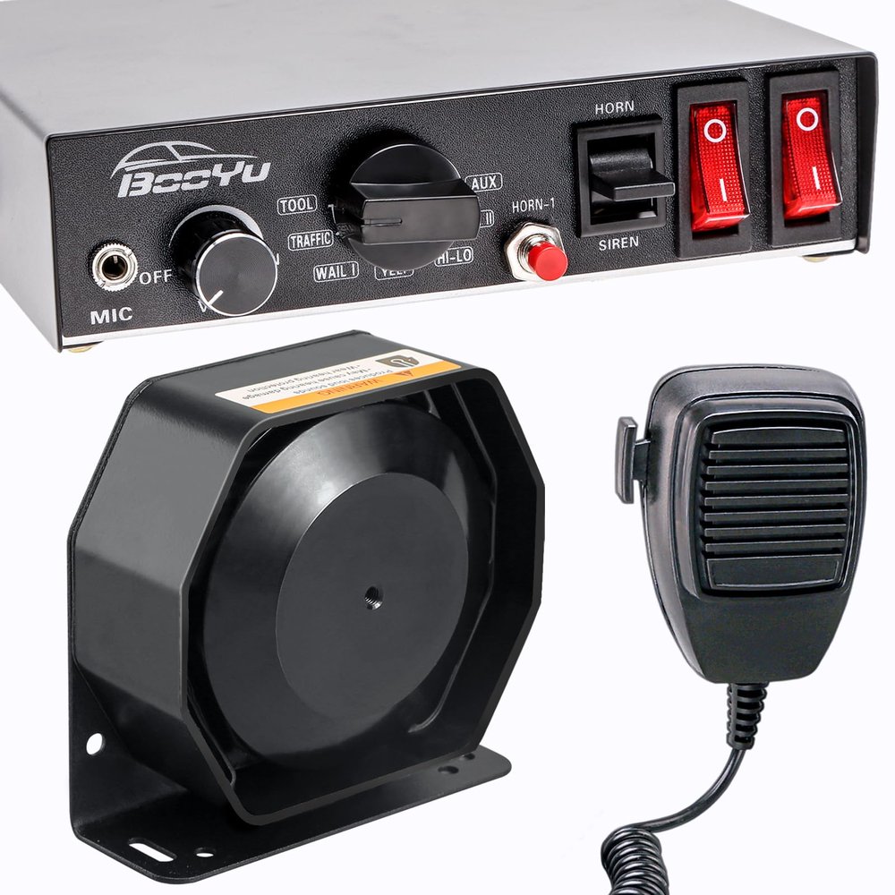 BooYu 12V 200W Police Emergency Siren for Vehicles Truck, 9Tone Slim Speaker Horn Alarm PA System [Handheld Microphone][2 x 10A Switches] for Firefighter Ambulance