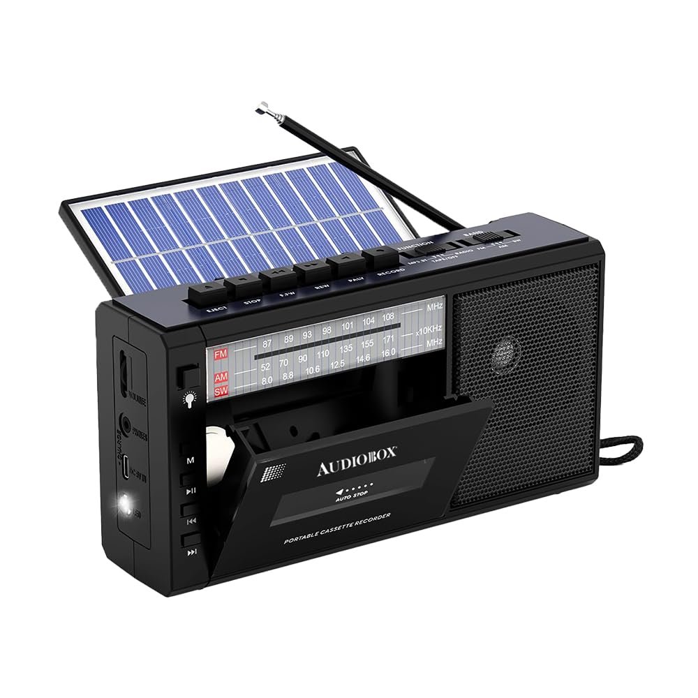 Audiobox Solar Rechargeable Bluetooth Cassette Player with Built-in LED Flashlight, Portable Retro Design, USB/TF Card/AUX Compatibility, Perfect for Camping and Travel