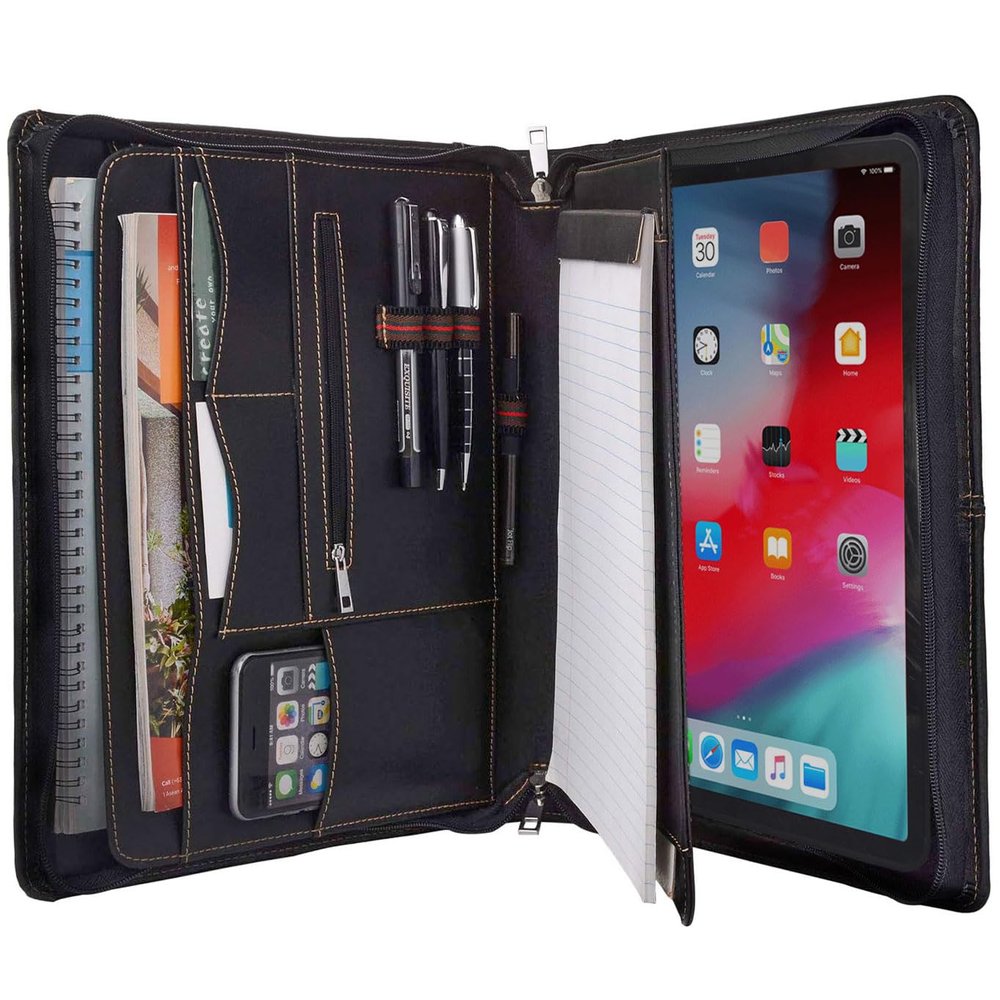 Zipper Leather Portfolio with Removable Tablet Holder, Padfolio Case with Stand, Compatible for iPad Pro 12.9-inch (4th/5th/6th)