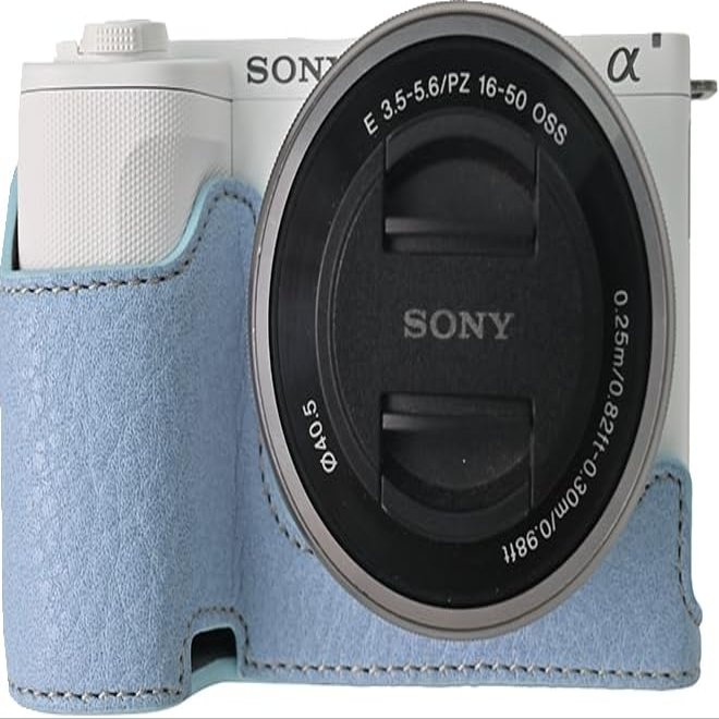 BMAOLLONGB ZV-E10 II Case, Handmade PU Litchi Leather Half Camera Case Bag Cover Bottom Opening Version for Sony Alpha ZV-E10 II With Neck Strap (Blue)