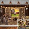 Western Cowboy Backdrop West Rustic Wooden House Farm Barn Door Photography Background for Kids Adults Wild Cowboy Theme Birthday Party Decorations Banner (94X70 inch (8x6FT)) view 1