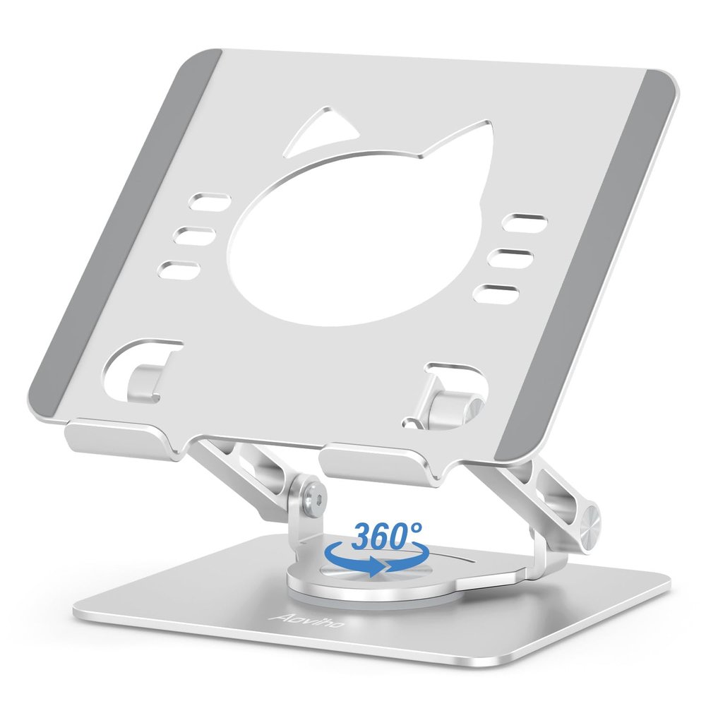 Aoviho Tablet Stand 360 Rotating Aluminum Holder, Adjustable, Portable and Foldable Monitors Stand for iPads, Compatible with 4-12.9" Tablets, Silver