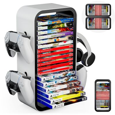 Allnice Universal Game Rack - Stores 19 Games, 4 Controller Holders, Organizes PS5/PS4/Xbox One/360/Series X/S/Switch & More