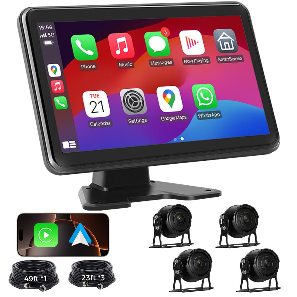 Losuudy 4 Channel Backup Camera Dash Cam System for Trucks, RVs, Trailers, Carplay & Android Auto, 10'' Touch Screen Monitor & DVR Recording, 4 HD1080P Wired Rearview Reverse Cameras IP68-rated..