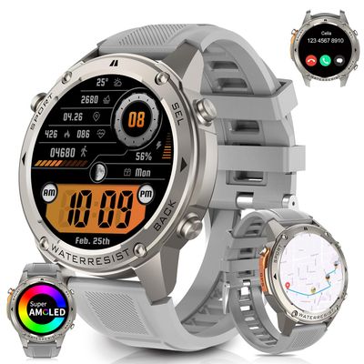 1.43'' AMOLED Display GPS Smartwatch, 50M Waterproof, Compass, Altitude, Fitness Tracker Long Standby Android & iOS Compatible Smart Watch Bluetooth Call & Receive Text Sports Watch Men (Silver)