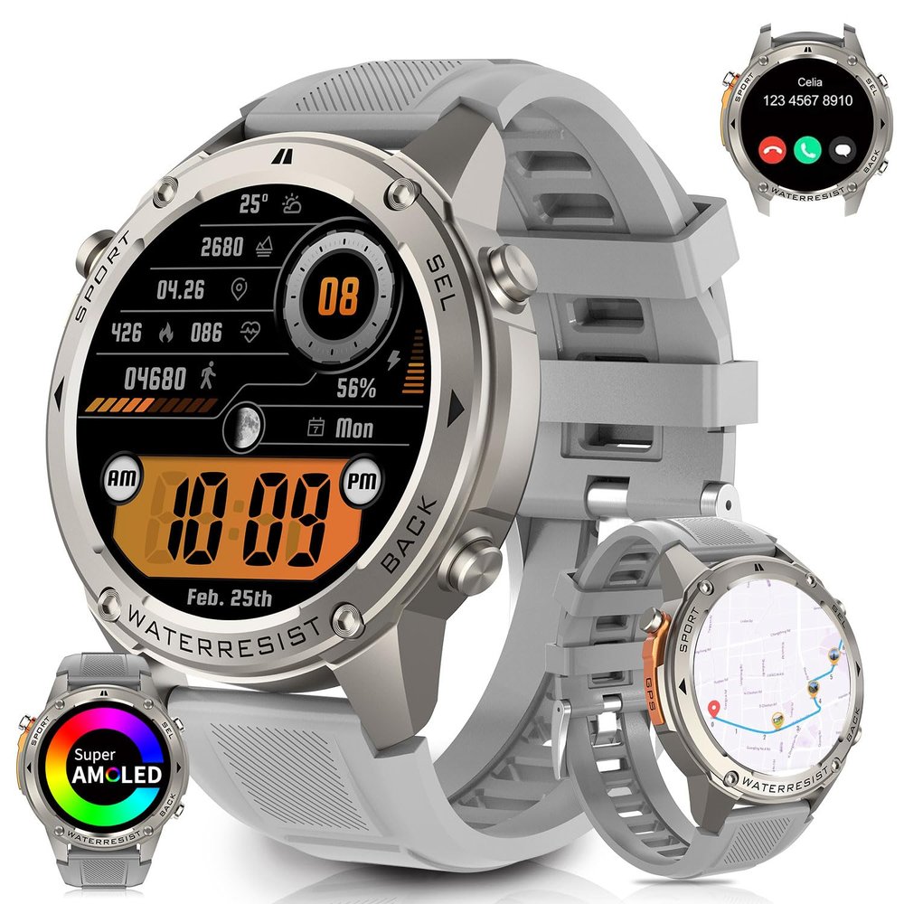1.43'' AMOLED Display GPS Smartwatch, 50M Waterproof, Compass, Altitude, Fitness Tracker Long Standby Android & iOS Compatible Smart Watch Bluetooth Call & Receive Text Sports Watch Men (Silver)