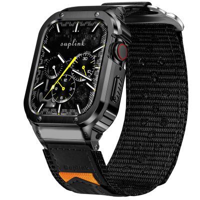 SUPLINK Stainless Steel Case and Nylon Bands Compatible with Apple Watch Band 45mm Men, Metal Rugged Protector Cover Replacement Straps for iWatch Apple Watch Series 9 8 7, Black