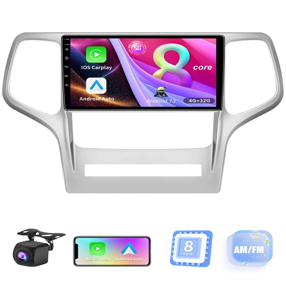 8 Core (4GB+32GB) Car Stereo Upgrade Radio for Jeep Grand Cherokee 2008-2013,Android 13 GPS Navigation with Wireless Carplay Android Auto Support AM FM RSD Bluetooth 5.0, 5G WiFi, 4G LTE