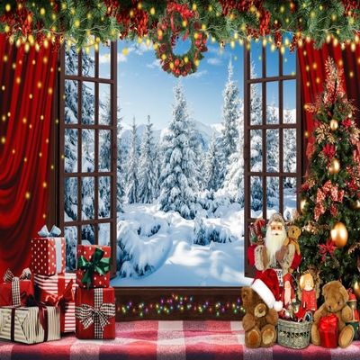 15x10ft Christmas Backdrop Interior Christmas Trees Xmas Boxes Photography Background Window Snow Pine Tree Landscape Santa Claus Decoration for Christmas Party Banner Photo Shoot Props