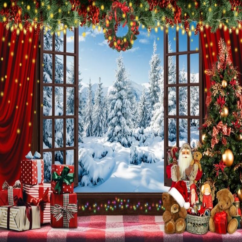 15x10ft Christmas Backdrop Interior Christmas Trees Xmas Boxes Photography Background Window Snow Pine Tree Landscape Santa Claus Decoration for Christmas Party Banner Photo Shoot Props