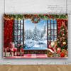 15x10ft Christmas Backdrop Interior Christmas Trees Xmas Boxes Photography Background Window Snow Pine Tree Landscape Santa Claus Decoration for Christmas Party Banner Photo Shoot Props view 2