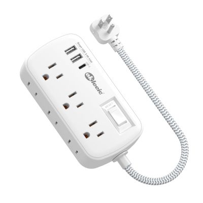 Short Extension Cord 1 ft - Flat Plug Small Power Strip Surge Protetor with 6 Outlets 3 USB (5V/3.4A 17W) Charging Ports, Multi Plug Wall Outlet Splitter for Home Office Dorm Roomc, White