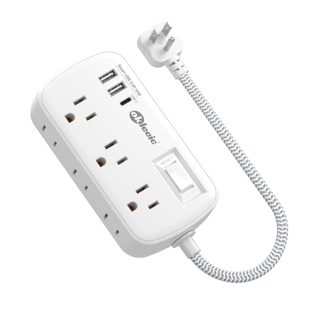Short Extension Cord 1 ft - Flat Plug Small Power Strip Surge Protetor with 6 Outlets 3 USB (5V/3.4A 17W) Charging Ports, Multi Plug Wall Outlet Splitter for Home Office Dorm Roomc, White