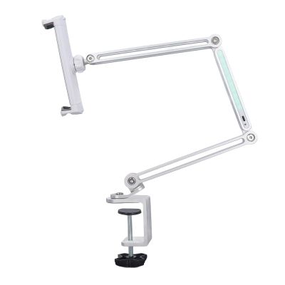 ASHATA Metal Bed Tablet Holder, 360 Degree Rotation Foldable Desk Long Arm Phone Mount with Adjustable Light for Phone, Tablet, Stretch Stand Scales from 4 inches to 12.9 inches (Silver)