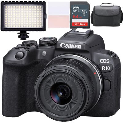 Canon EOS R10 Mirrorless Camera w/Canon RF-S 18-45mm f/4.5-6.3 is STM Lens + LED Video Light + Camera Case + 64GB Memory (13pc Bundle) (Renewed)
