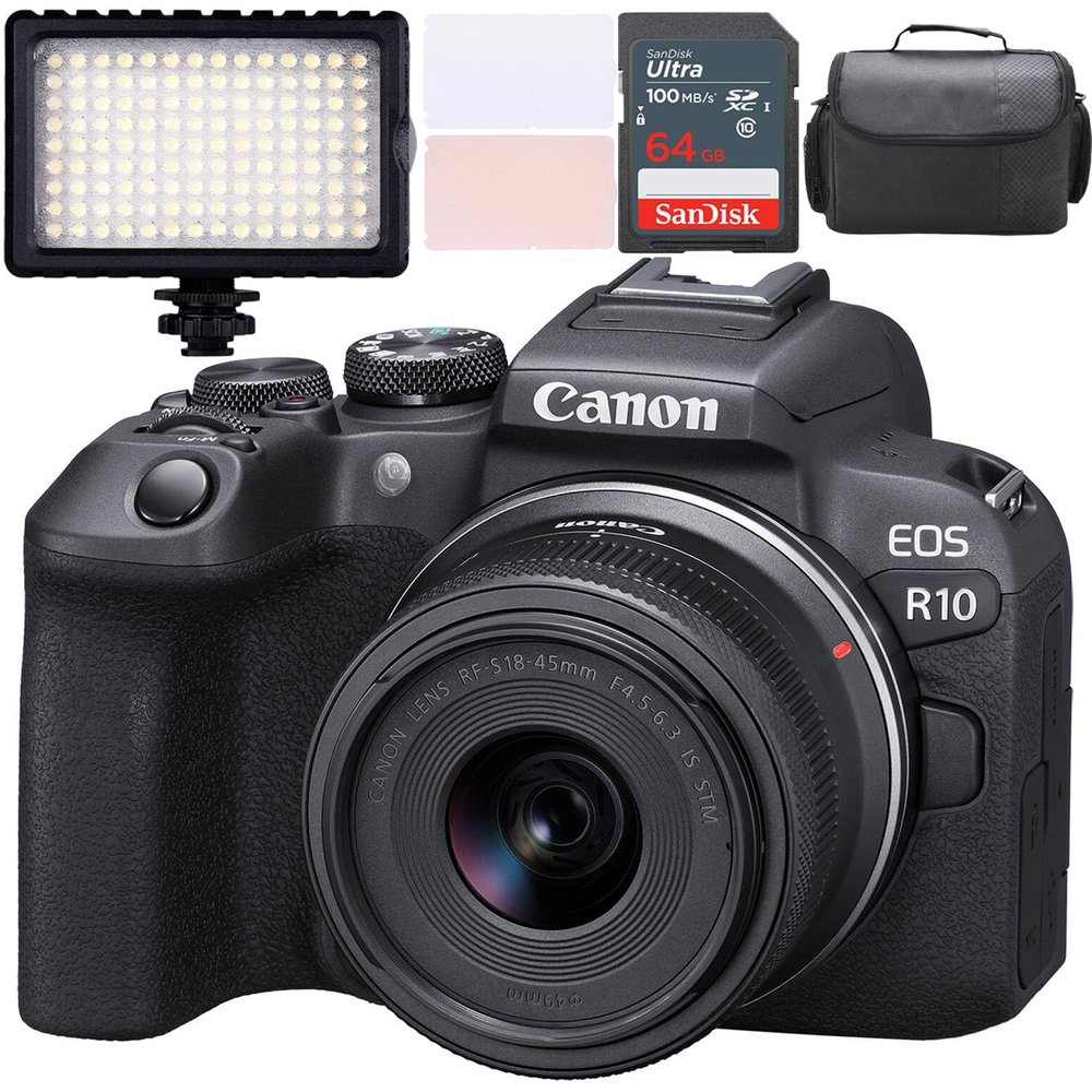 Canon EOS R10 Mirrorless Camera w/Canon RF-S 18-45mm f/4.5-6.3 is STM Lens + LED Video Light + Camera Case + 64GB Memory (13pc Bundle) (Renewed)
