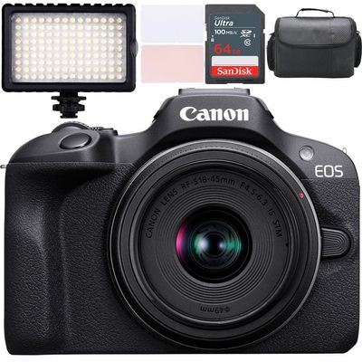 Canon EOS R100 Mirrorless Camera w/Canon RF-S 18-45mm f/4.5-6.3 is STM Lens + LED Video Light + Camera Case + 64GB Memory (12pc Bundle) (Renewed)
