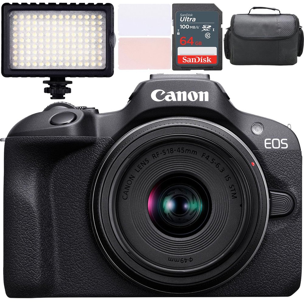 Canon EOS R100 Mirrorless Camera w/Canon RF-S 18-45mm f/4.5-6.3 is STM Lens + LED Video Light + Camera Case + 64GB Memory (12pc Bundle) (Renewed)