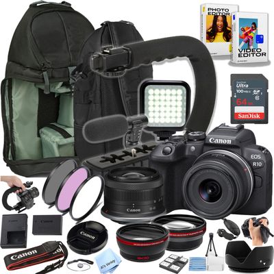 Canon EOS R10 24.2MP Mirrorless Camera with 18-45mm Lens, 64GB Ultra Memory Card, Video Light, Microphone, Filters, U-Grip, Case, Lenses, Software and More (Content Creator Bundle (Renewed)