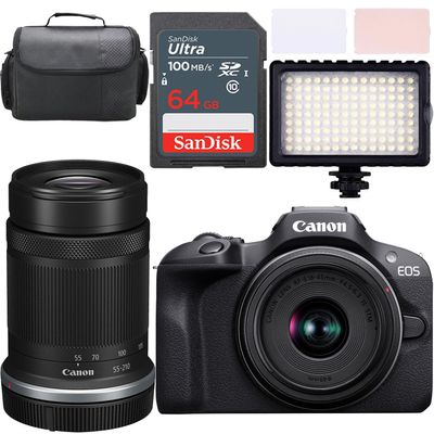 Canon EOS R100 Mirrorless Camera w/Canon RF-S 18-45mm f/4.5-6.3 is STM and Canon RF-S 55-210mm f/5-7.1 is STM Lens + LED Video Light + Camera Case + 64GB Memory (15pc Bundle) (Renewed)