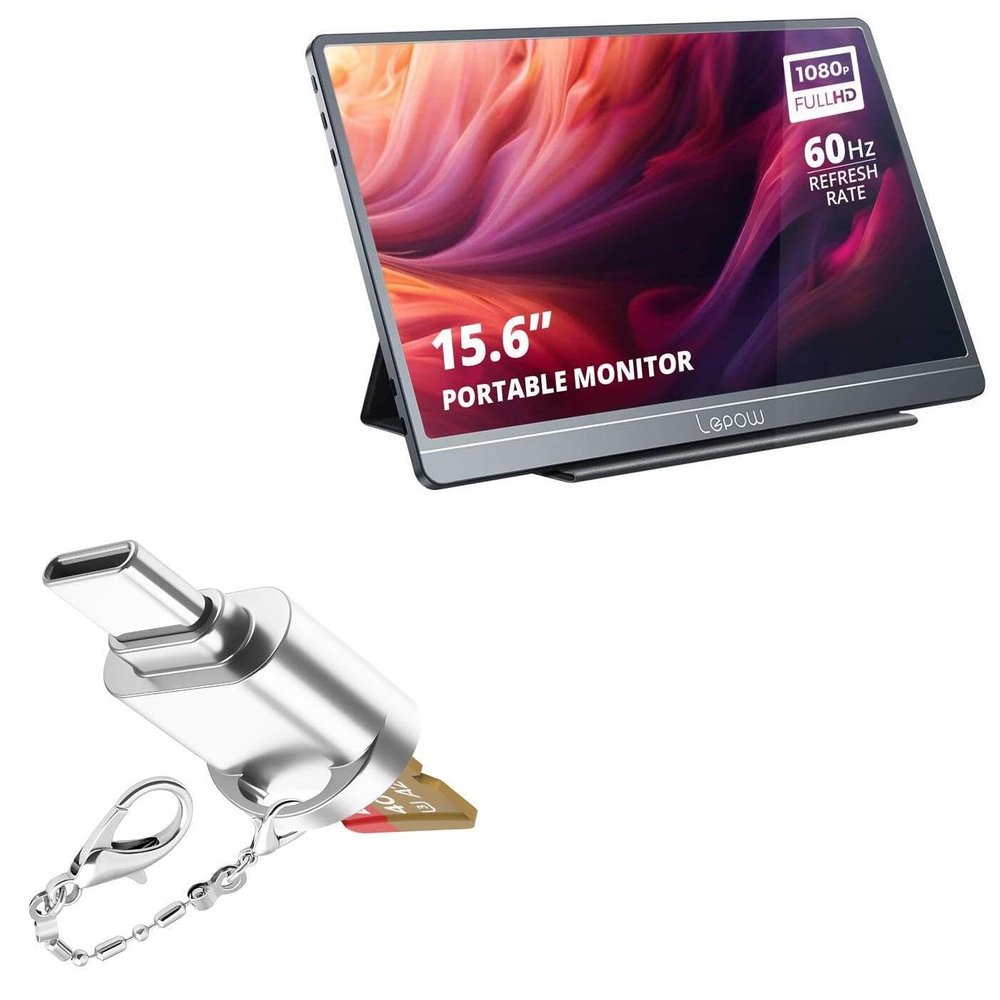 BoxWave Adapter Compatible with Lepow E5 Gamut Portable Monitor (15.6 in) - Micro SD Card miniReader, USB Type-C OTG Reader USB3.0 Adapter Keychain - Metallic Silver
