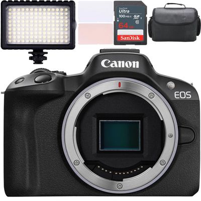 Canon EOS R50 Mirrorless Camera (Body Only) + LED Video Light + Camera Case + 64GB Memory (9pc Bundle) (Renewed)