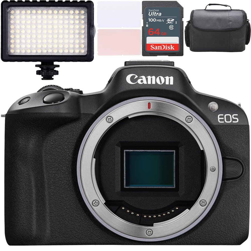 Canon EOS R50 Mirrorless Camera (Body Only) + LED Video Light + Camera Case + 64GB Memory (9pc Bundle) (Renewed)