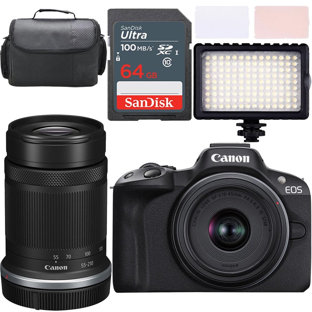 Canon EOS R50 Mirrorless Camera w/Canon RF-S 18-45mm f/4.5-6.3 is STM and Canon RF-S 55-210mm f/5-7.1 is STM Lens + LED Video Light + Camera Case + 64GB Memory (15pc Bundle) (Renewed)
