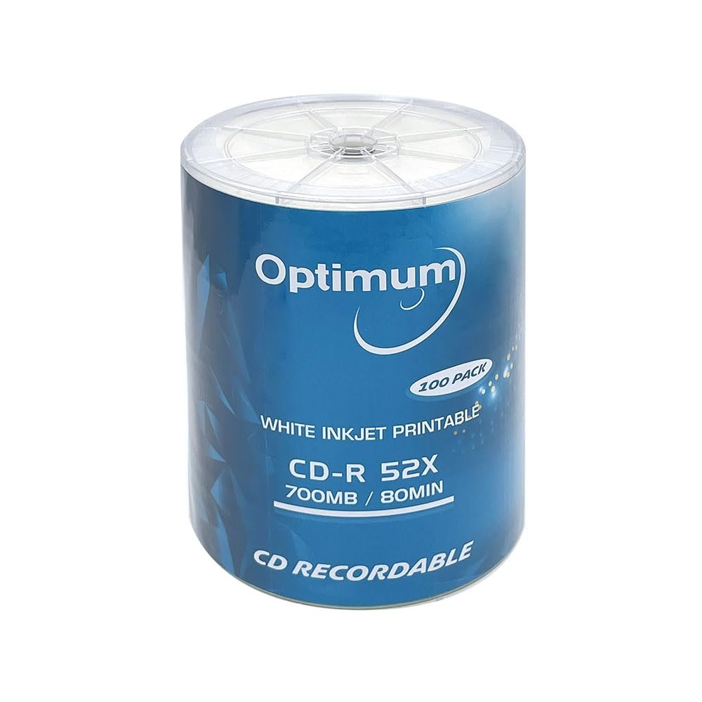 OPTIMUM CD-R Blank Disc 700MB 52X Moisture Resistant White Inkjet Hub Printable Recordable Media - 100 Discs (no Container) Blank CDs for Music Audio Data