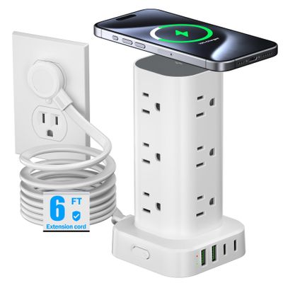 Tower Power Strip with 15W Wireless Charger, 6FT Flat Plug Extension Cord with Multiple Outlets, 12 AC Outlets, 4 USB Ports (2 USB C) Charging Station Surge Protector for Office Home Dorm Room (White)