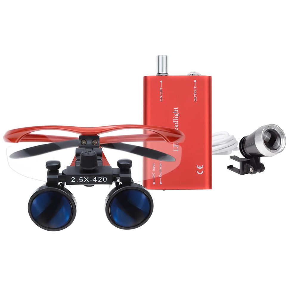 Lab 2.5X Binocular Loupes + 1W LED Headlight Lamp + Cloth Bag Color Red