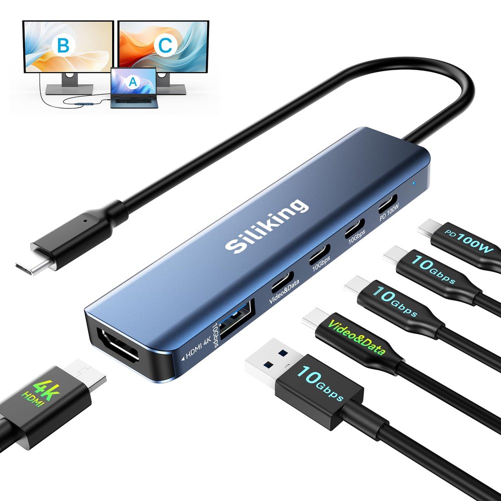 Siliking USB-C Docking Station Dual Monitor 4K@60Hz HDMI+USB-C Video Output Port,10G USB A/C,100W PD, USB C Splitter Adapter, USBC to HDMI Dual Monitor for Windows/MacOS,MacBook air