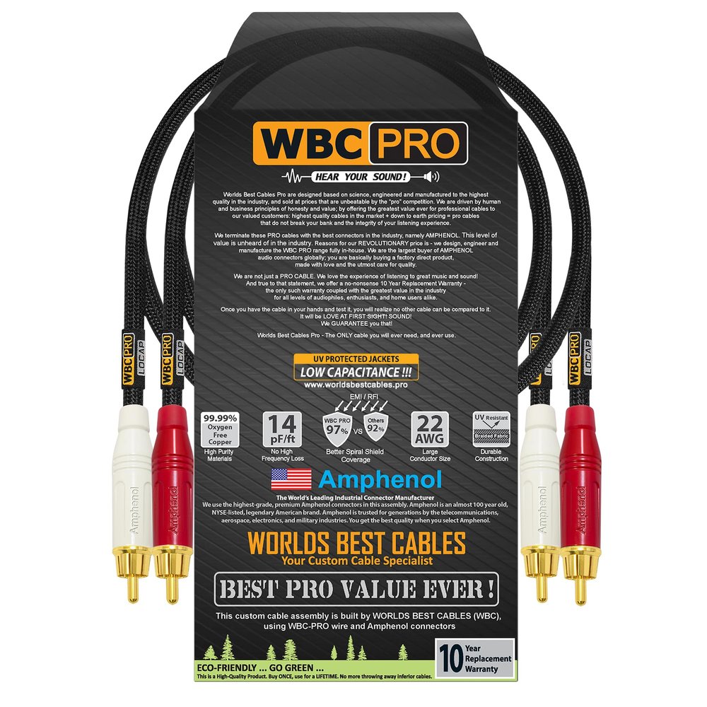 1.5 Foot RCA Cable Pair - WBC-PRO-LOCAP Low-Capacitance (14pF/ft) 22 AWG Ultra-Silent Audiophile & Professional-Grade Audio Interconnect Cable with Amphenol ACPR Gold RCA Plugs & Black Tweed Jacket