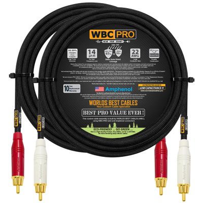 10 Foot RCA Cable Pair - WBC-PRO-LOCAP Low-Capacitance (14pF/ft) 22 AWG Ultra-Silent Audiophile & Professional-Grade Audio Interconnect Cable with Amphenol ACPR Gold RCA Plugs & Black Tweed Jacket