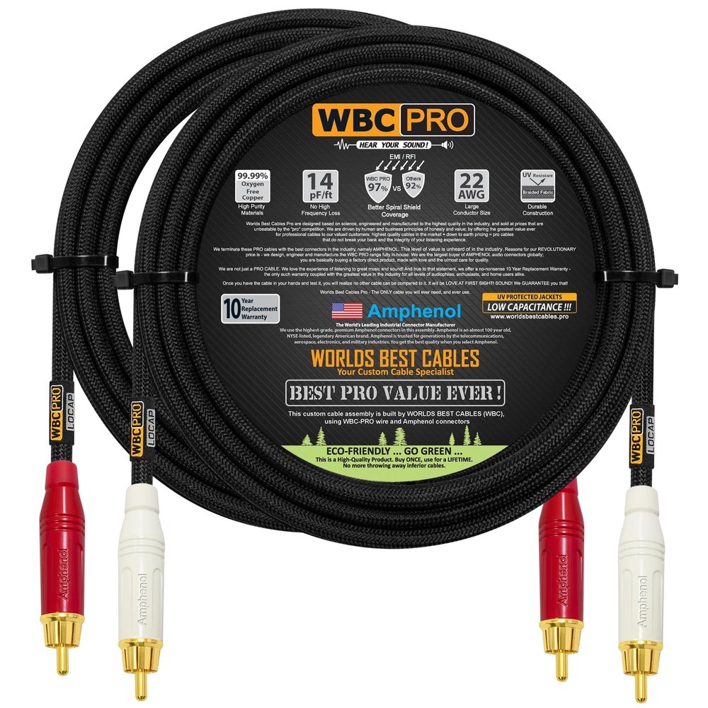 10 Foot RCA Cable Pair - WBC-PRO-LOCAP Low-Capacitance (14pF/ft) 22 AWG Ultra-Silent Audiophile & Professional-Grade Audio Interconnect Cable with Amphenol ACPR Gold RCA Plugs & Black Tweed Jacket
