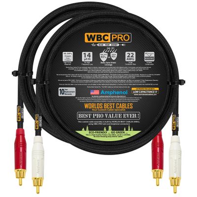 12 Foot RCA Cable Pair - WBC-PRO-LOCAP Low-Capacitance (14pF/ft) 22 AWG Ultra-Silent Audiophile & Professional-Grade Audio Interconnect Cable with Amphenol ACPR Gold RCA Plugs & Black Tweed Jacket
