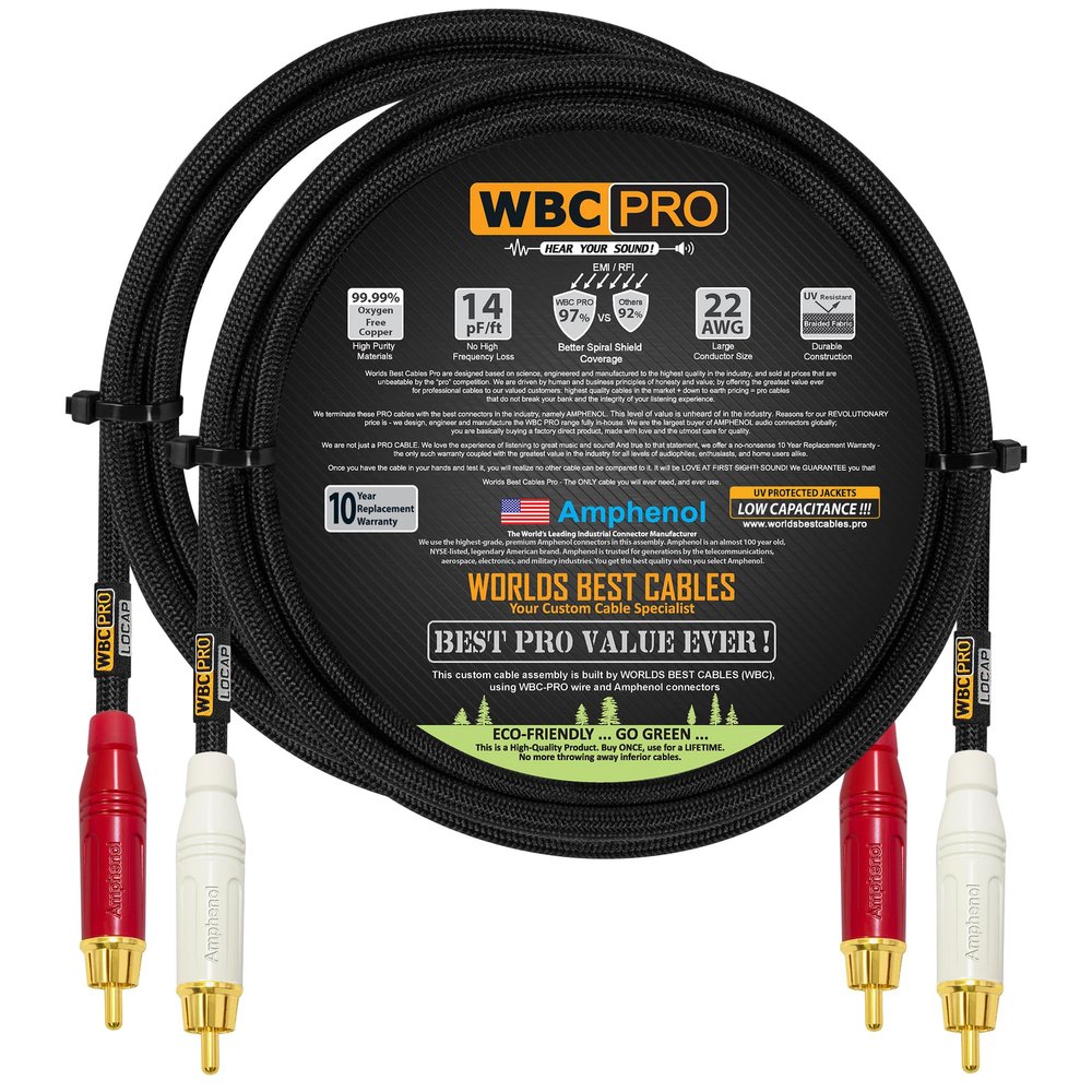 12 Foot RCA Cable Pair - WBC-PRO-LOCAP Low-Capacitance (14pF/ft) 22 AWG Ultra-Silent Audiophile & Professional-Grade Audio Interconnect Cable with Amphenol ACPR Gold RCA Plugs & Black Tweed Jacket