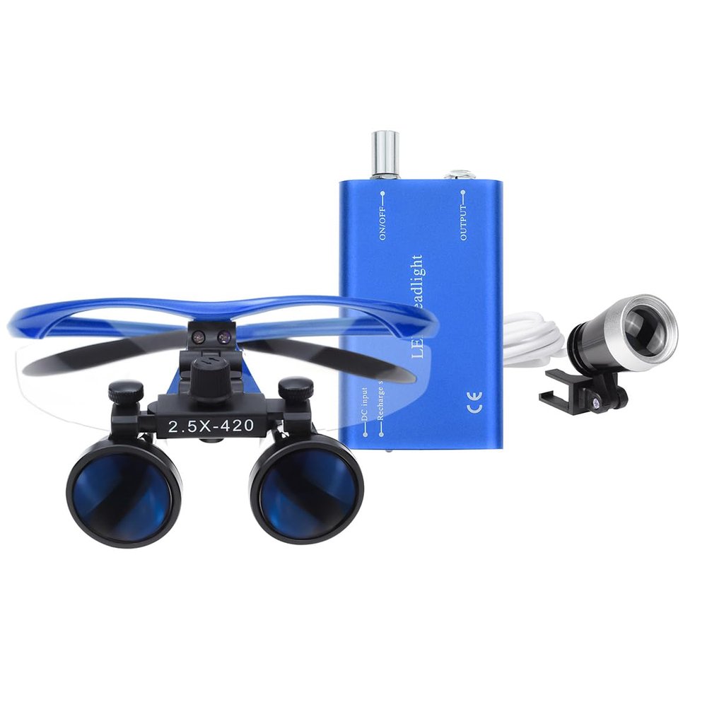 Lab 2.5X Binocular Loupes + 1W LED Headlight Lamp + Cloth Bag Color Blue