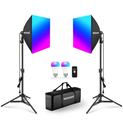 NEEWER RGB 180W Equivalent Softbox Lighting Kit with App Control & 9 Effects, 2 Pack 9W 2700-6500K LED Bulbs CRI93+ TLCI98+, E26 Porcelain Socket, 16" Softboxes for Studio Photography Lighting, NK004