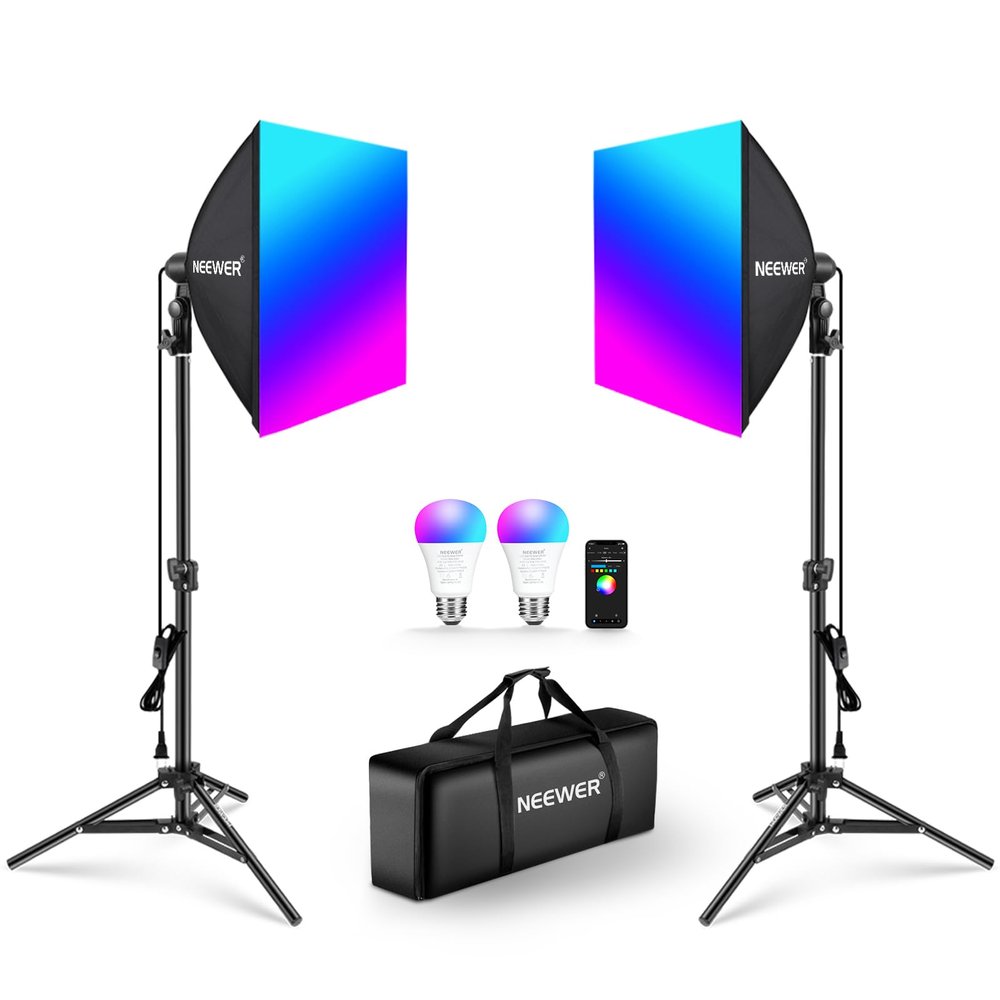 NEEWER RGB 180W Equivalent Softbox Lighting Kit with App Control & 9 Effects, 2 Pack 9W 2700-6500K LED Bulbs CRI93+ TLCI98+, E26 Porcelain Socket, 16" Softboxes for Studio Photography Lighting, NK004