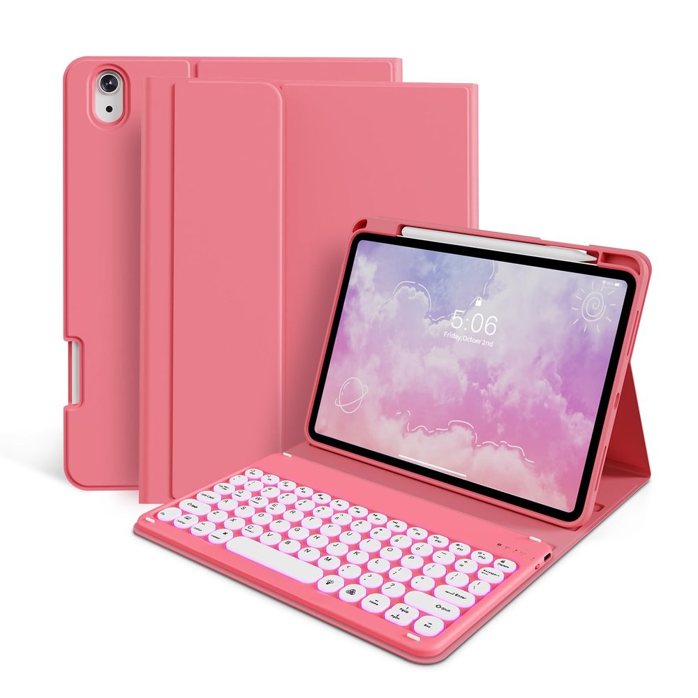 kenke Keyboard Case for iPad (A16) 11th 11-Inch / 10th 10.9-Inch Generation(2025/2022) with Pencil Holder- 7 Colors Backlit Rechargeable Wireless Detachable Folio Bluetooth Keyboard Cover, Hot Pink