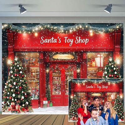 15X10ft Red Christmas Photo Backdrop Santa's Toy Shop Photography Background Xmas Tree Gift Snow Window Store Backdrop Christmas Wall Decoration Winter Gift Background Photo Booth