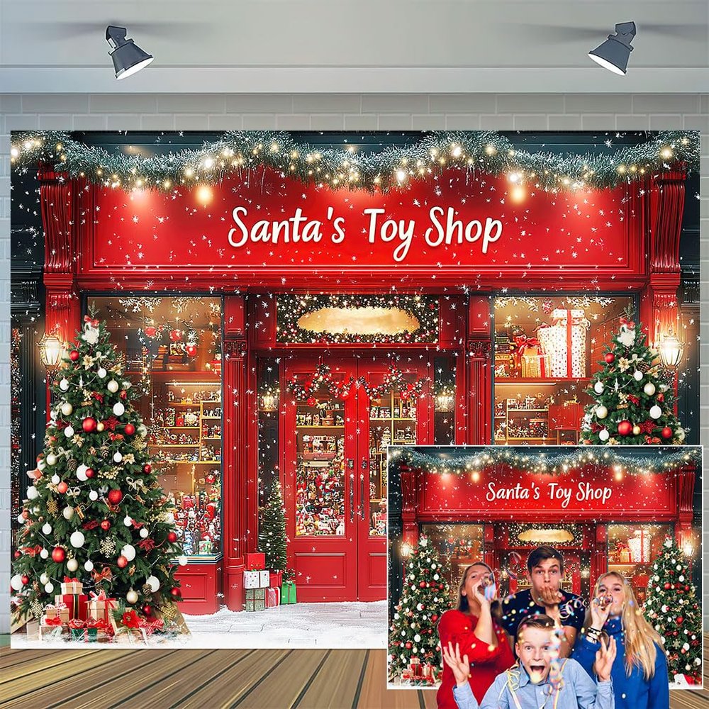 15X10ft Red Christmas Photo Backdrop Santa's Toy Shop Photography Background Xmas Tree Gift Snow Window Store Backdrop Christmas Wall Decoration Winter Gift Background Photo Booth