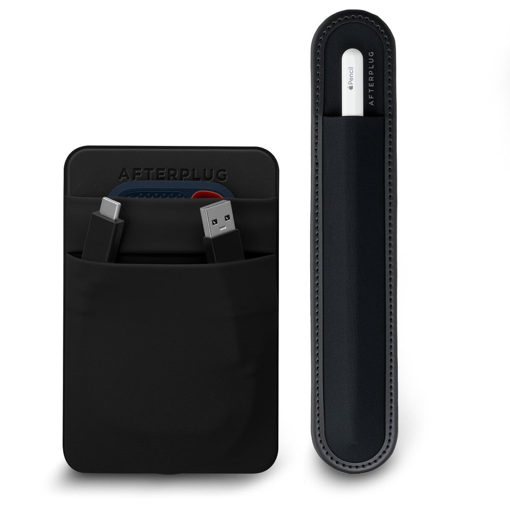 Afterplug Stick On Pouch for External SSD with Stick On Stylus Holder for Apple Pencil | Black