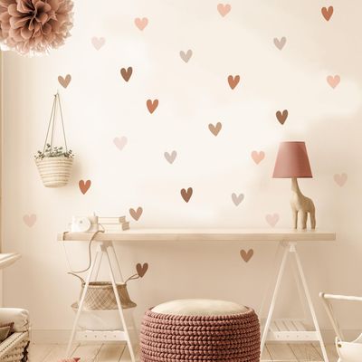 Boho Hearts Wall Decals for Kids Room, Minimalist Nursery Decoration, Cute Pink and Beige Heart Wall Stickers for Girl's Bedroom, Watercolor Wall Art (12 Sheets)
