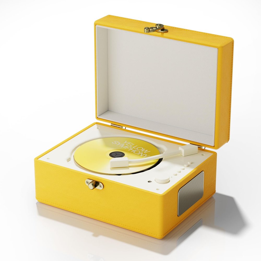 Yintiny Rechargeable Leather CD Player with Speakers; Bluetooth Transmitter; Festival Gift; BGM Player for Home Dcor (Yellow)