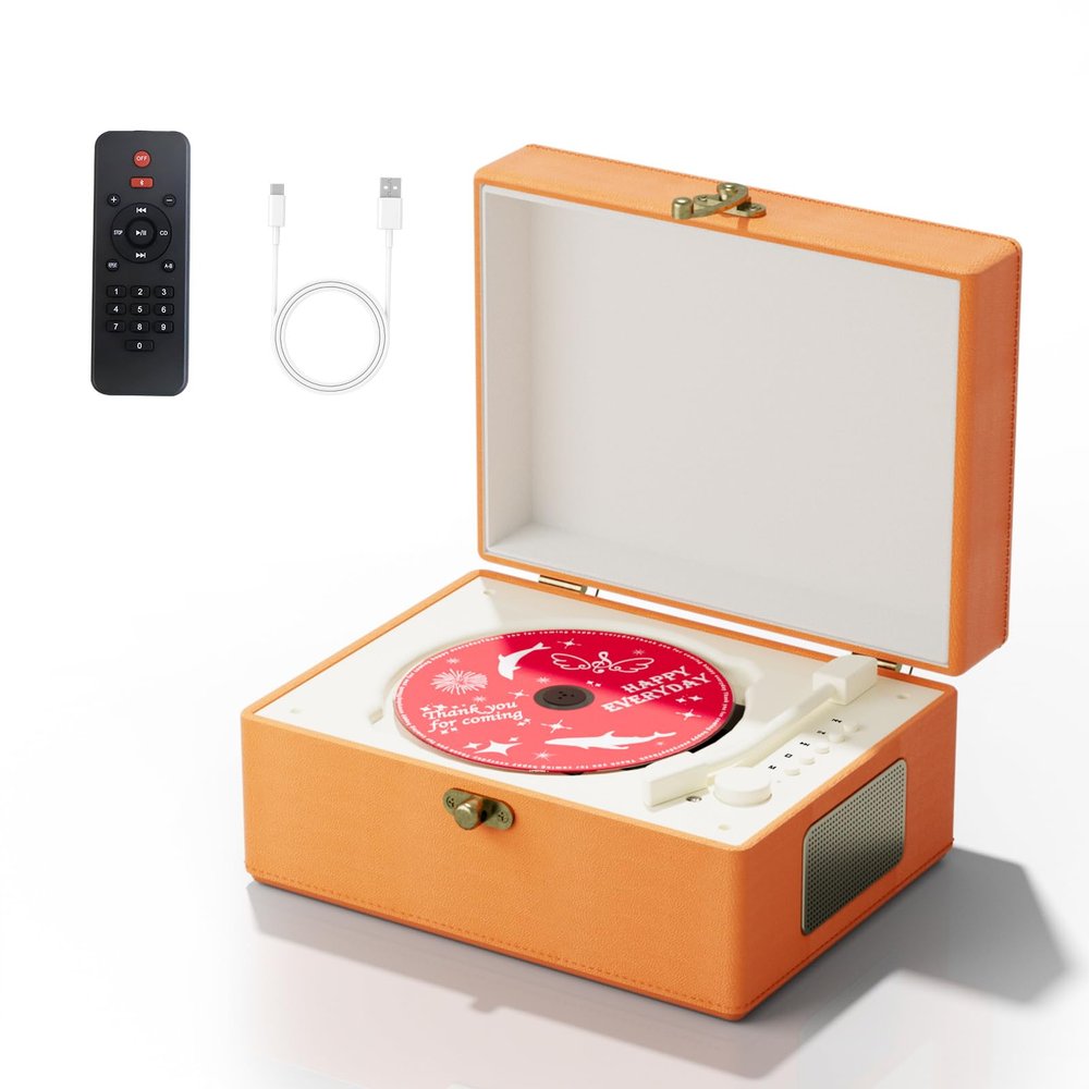 Yintiny Time Music Box CD Player with Speakers; Bluetooth Transmitter; Festival Gift; BGM Player for Home Decor (Orange)