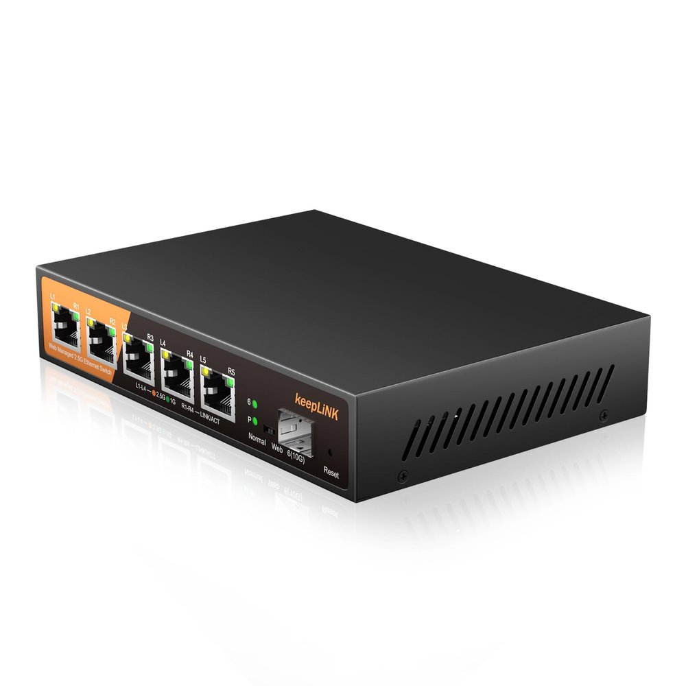 keepLiNK 6 Port 2.5G Web Smart Managed Ethernet Switch with 5 x 2.5G Base-T Ports, 1 x 10G SFP+, Static Aggregation, QoS/VLAN/IGMP, Metal Housing Fanless, Desktop/Wall-Mount