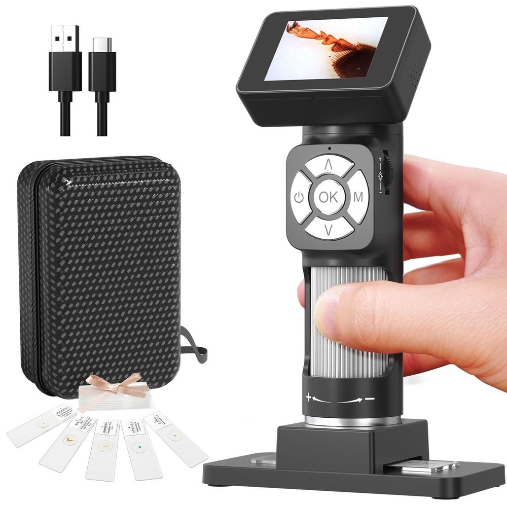 Handheld Digital Microscope, Portable Microscope for Kids Adults, 2 LCD Screen, 500X, 10MP 1080P, 8 Adjustable LED Lights, USB to PC